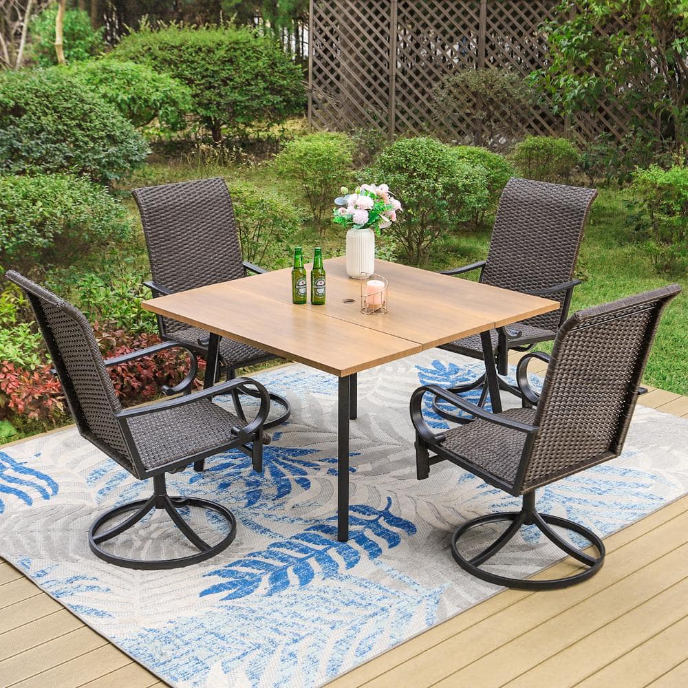 PHI VILLA 5-Piece Metal Patio Outdoor Dining Set with Square Brown ...