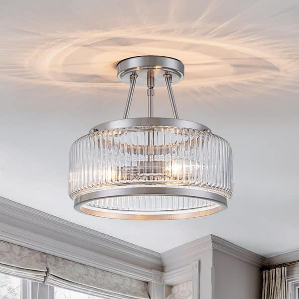 11.8 in. 3-Light Drum Brushed Nickel Semi-Flush Mount with Ribbed Glass Shade For Bedroom Foyer Kitchen