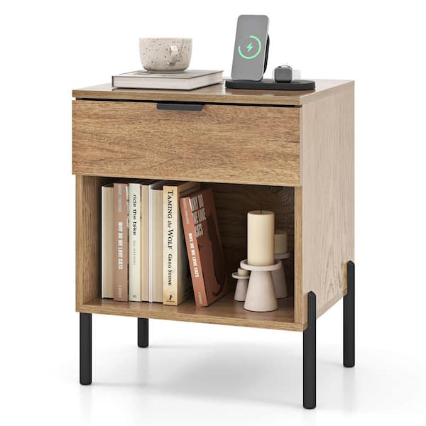 Costway Natural 18 in. W Nightstand with Charging Station Drawer Compartment Modern Side End Table