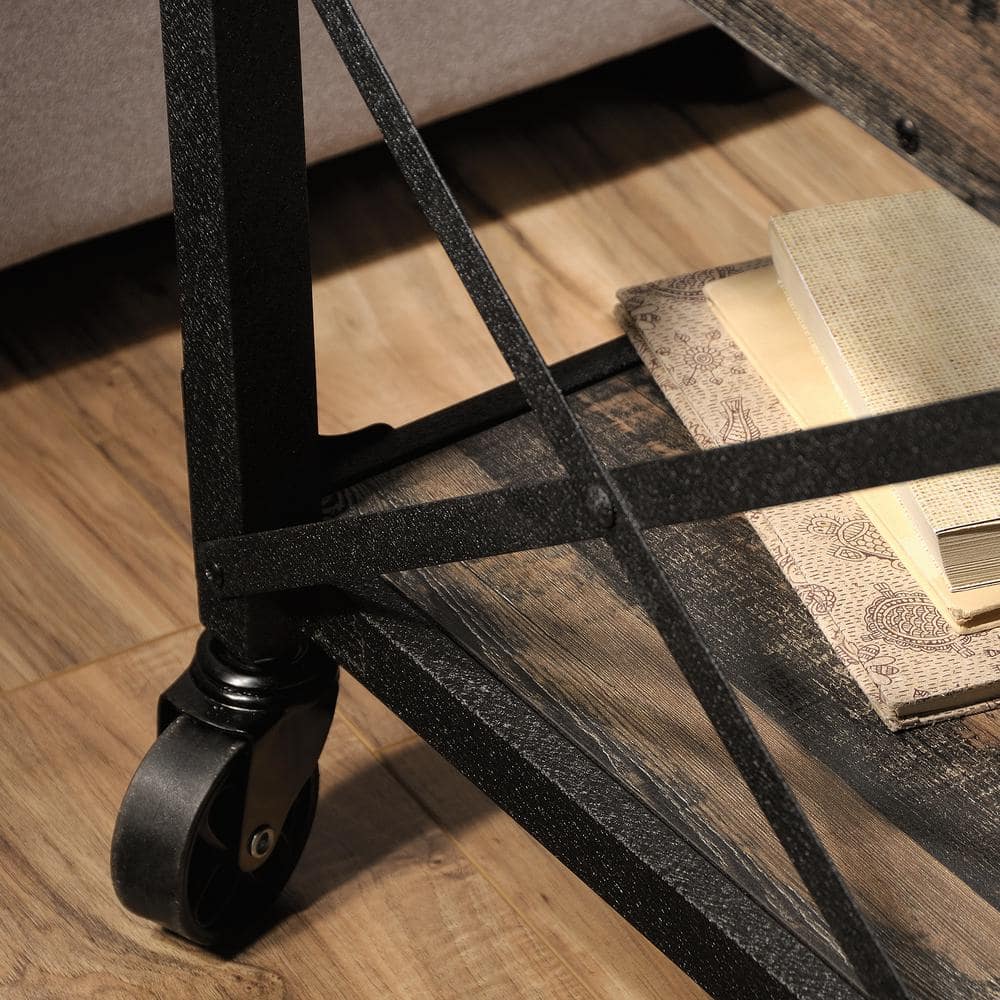 Rustic Carbon Oak Mobile Side Table with Storage Drawer
