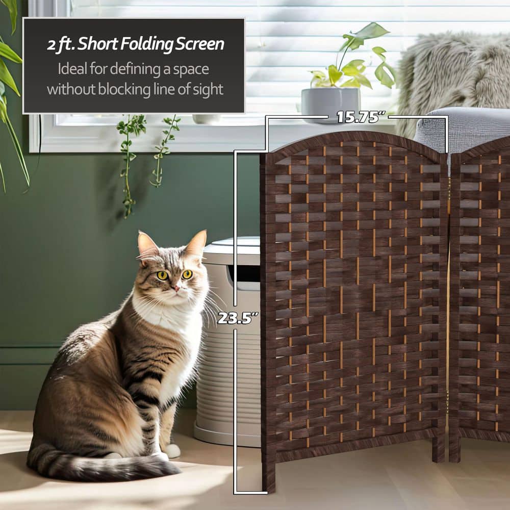 2 Ft Tall Dark Mocha Woven Fiber Folding Screen - 4 Panel