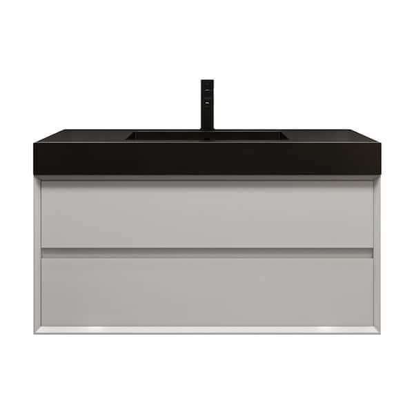 MIA 42 in. W x 20 in. D x 24 in. H Single Sink Floating Bath Vanity in Gloss White with Black Stainless Steel Top