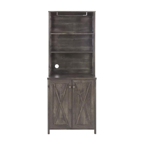 WarmieHomy 6-Bottle Coffee Bar Cabinet Kitchen Cabinet with Microwave Stand Metal Frame Brown Wine Rack