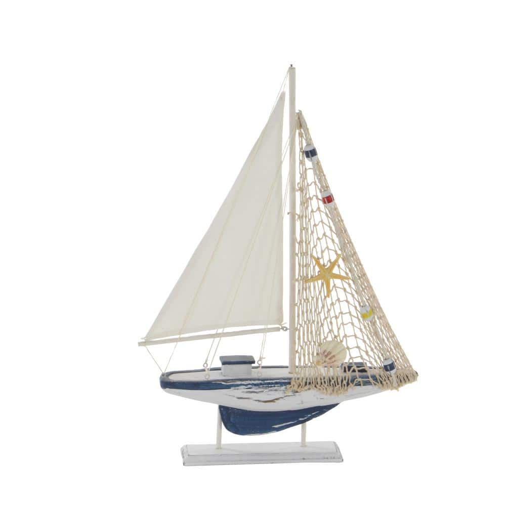 White and Blue Pine Wood Nautical Sail Boat Sculpture Set