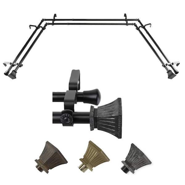 EMOH 13/16" Dia Adjustable 20"-36", 38"-72" Bay Window Double Curtain Rod with Mateo Finials in Black