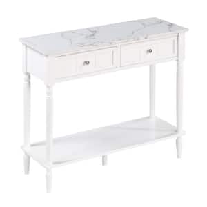 French Country 36 in. White Faux Marble/White Standard Rectangle Wood Console Table with 2 Drawers and a Shelf