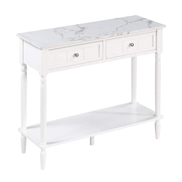 Convenience Concepts French Country 36 in. White Faux Marble/White Standard Rectangle Wood Console Table with 2 Drawers and a Shelf