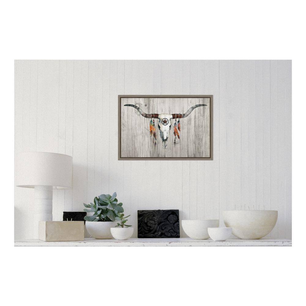Rustic Longhorn Skull with Feathers Framed Canvas Art
