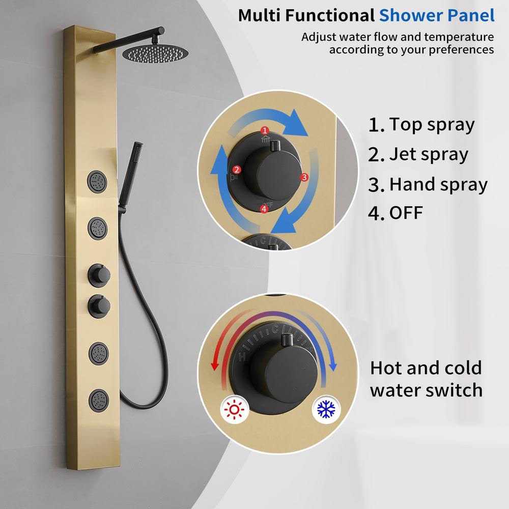 Gold and Black Stainless Steel Shower Panel System with Rainfall Showerhead