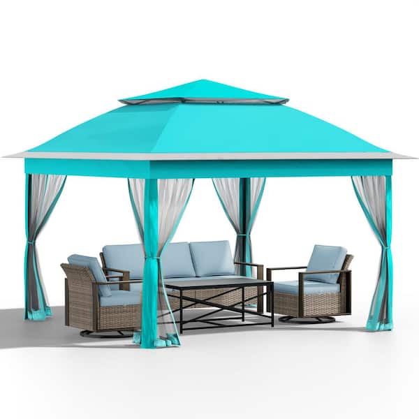 Gardenbee 11 ft. x 11 ft. Light Blue Steel Pop-Up Gazebo with 4-Piece Wicker Outdoor Patio Conversation Set
