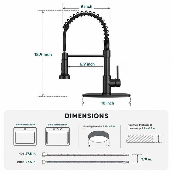 16 in. H x 9.2 in. W x 1.85 in. D Matte Black Single Handle Spring Kitchen Sink Faucet with Pull Down Sprayer