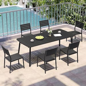 7-Piece Aluminum Rectangle Patio Outdoor Dining Set with 1.8 in. Umbrella Hole, Black