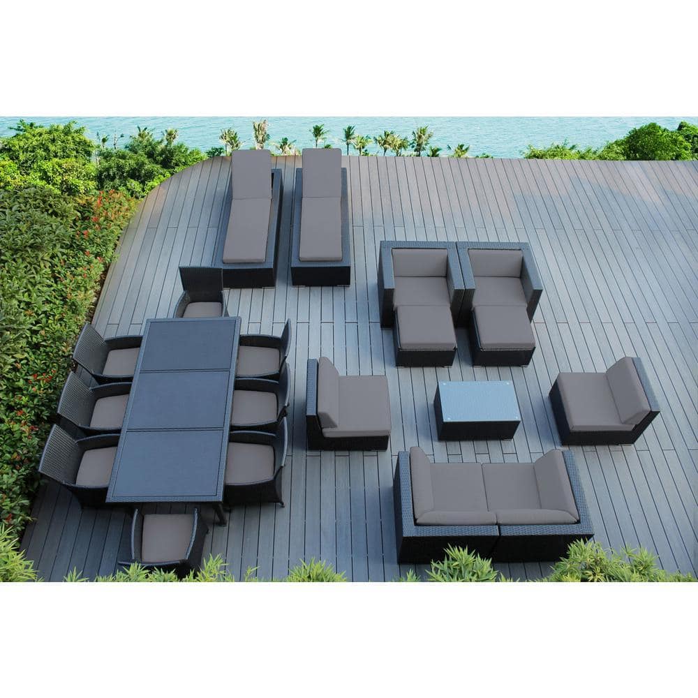 Black 20-Piece Wicker Patio Combo Conversation Set with Supercrylic Gray Cushions