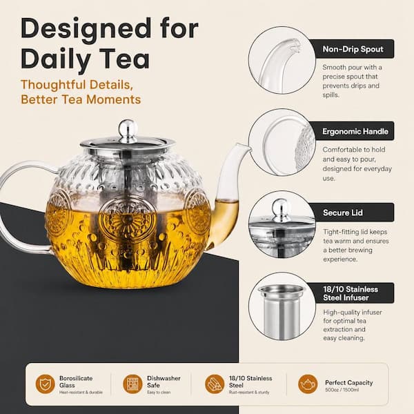 Numhew 6-Cup Vintage Glass Teapot with Removable Infuser for