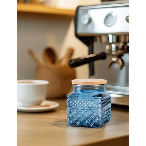 20 fl. oz. Blue Glass Vintage Decorative Jar with Airtight Bamboo Lid and Wide Mouth Opening for Pantry Storage