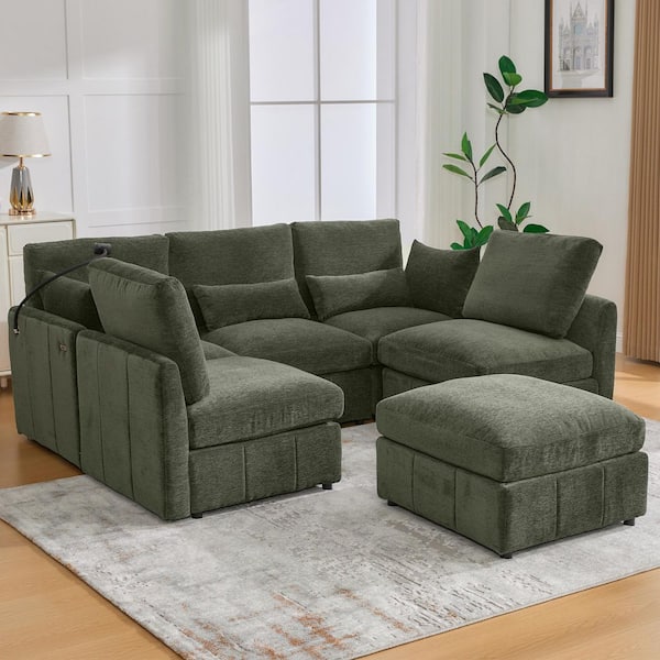 Orva 85.40 in Chenille Upholstered Modular Sectional Sofa in Green, Movable Ottoman, USB Ports, Phone Holder