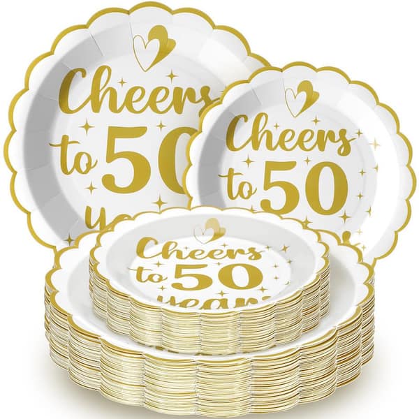 60-Piece 50th Anniversary Disposable Paper Plates Set with Gold Cheers to 50 Years Design for 30 Guests