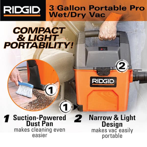 RIDGID - 3 Gal. 3.5 Peak HP Handheld Shop Vacuum Wet Dry Vac with RIDGID SWEEP Dust Pan, Filter, Locking Hose and Car Nozzle