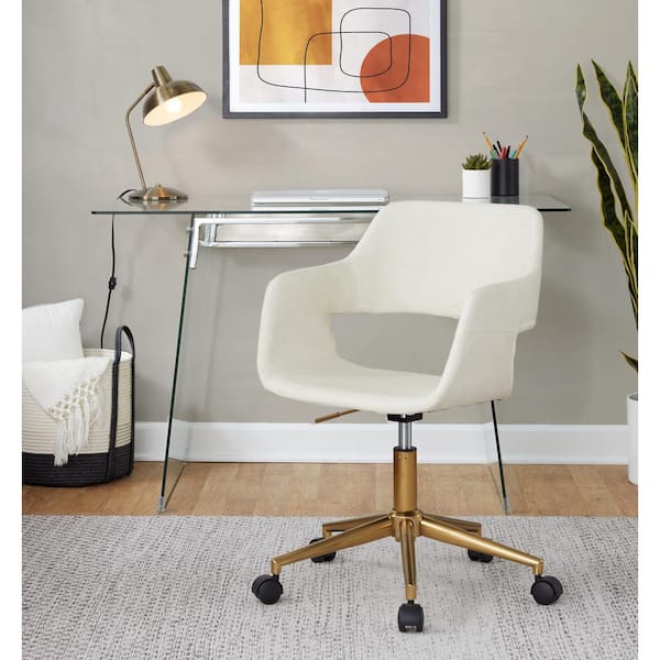 Lumisource Margarite Faux Leather Adjustable Height Task Chair in Cream Faux Leather and Gold Metal with 5-Star Caster Base
