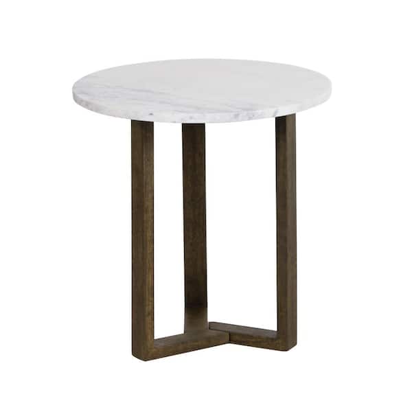 THE URBAN PORT Fina 20 in. White Round Genuine Marble End Table with Natural Brown Mango Wood 3-Leg Sled Base
