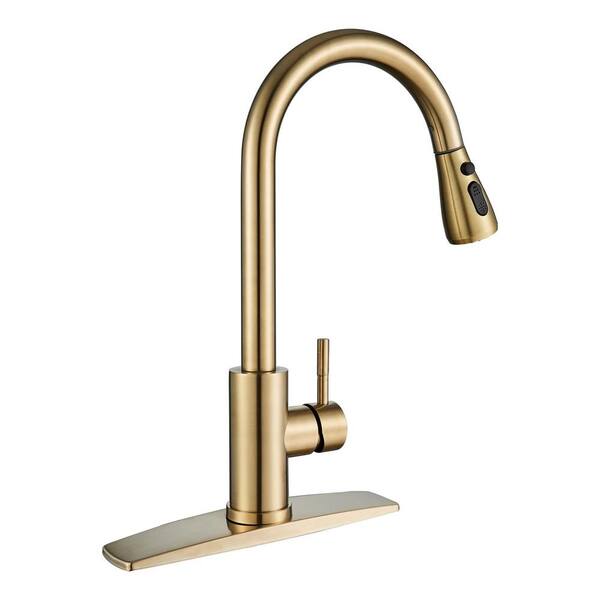 Single Handle Pull Down Sprayer Kitchen Faucet With Deck Plate In Gold   Gold Pull Down Kitchen Faucets Hd003g 64 600 