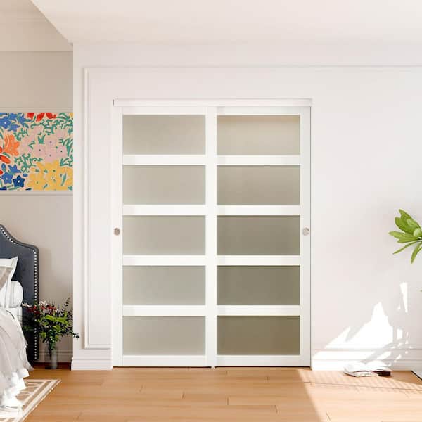 60 in. x 80 in. MDF 5-Lite Frosted Glass Sliding Door with Hardware Track Kit & Floor Guide and Handle, Need to Assemble