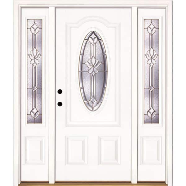Feather River Doors 63.5 in. x 81.625 in. Medina Brass 3/4 Oval Lite Unfinished Smooth Right-Hand Fiberglass Prehung Front Door w/Sidelites
