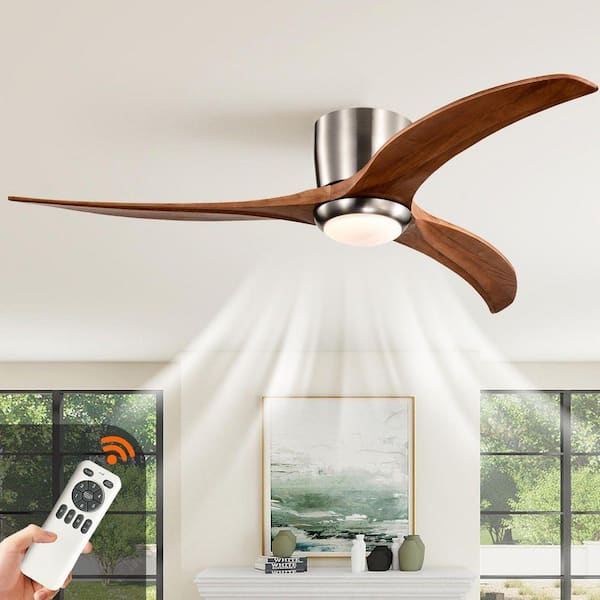 52 in. Standard Nickel Flush Mount Ceiling Fan, Solid Wood Blades with Light, 6 Speed Noiseless Reversible Motor,Remote