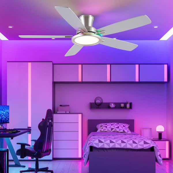 52 in. Indoor/Outdoor Modern Flush Mount Gray 6-Speed Ceiling Fan with RGB LED Light and Remote/APP Control