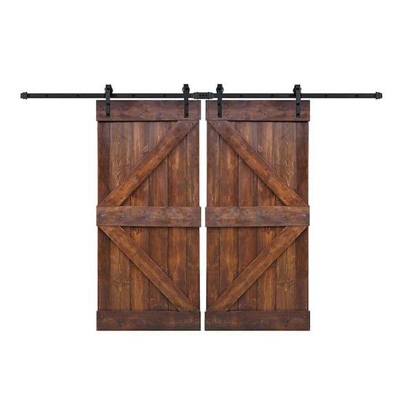 WELLHOME K Series 72 in x 84 in Dark Walnut DIY Finished Knotty Pine Wood Double Sliding Barn Door Slab with Hardware Kit