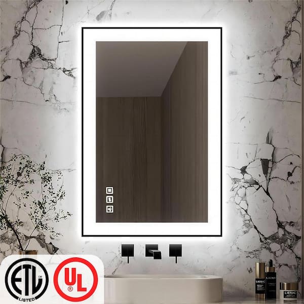TOOLKISS 24 in. W x 36 in. H Rectangular Framed LED Anti-Fog Wall Bathroom Vanity Mirror in Black with Backlit and Front Light