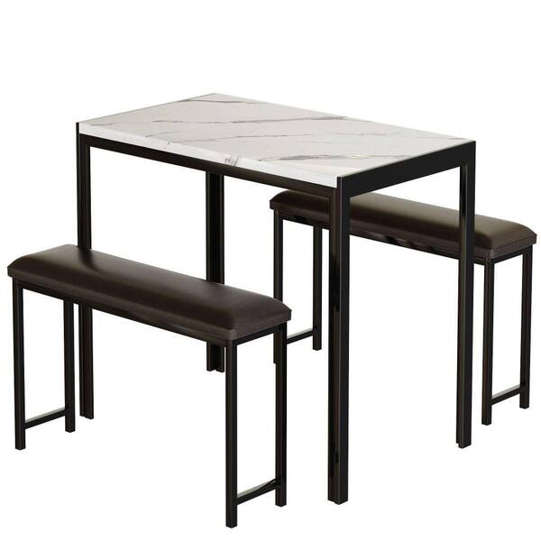 Angel Sar 3 Piece Rectangular Wood White Marble Top Dining Table And 2 Pu Leather Benches Set Zhan35784 2 Pu Leather Benches Set, Dining Table And Bench Set Argos