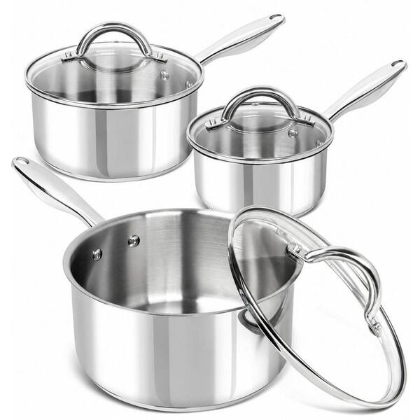6-Piece Stainless Steel Saucepan Set with Lids, Tri-Ply Bottom, Induction Compatible, 1 Qt, 2 Qt and 3 Qt