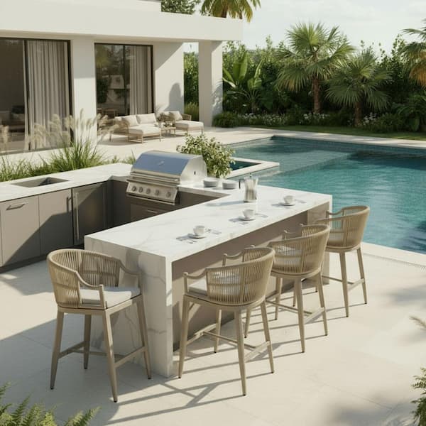 Modern Patio Wicker Metal Outdoor Bar Stool with Cushion, Backs and Ergonomic Armrest Balcony Garden Kitchen(4-Pack)