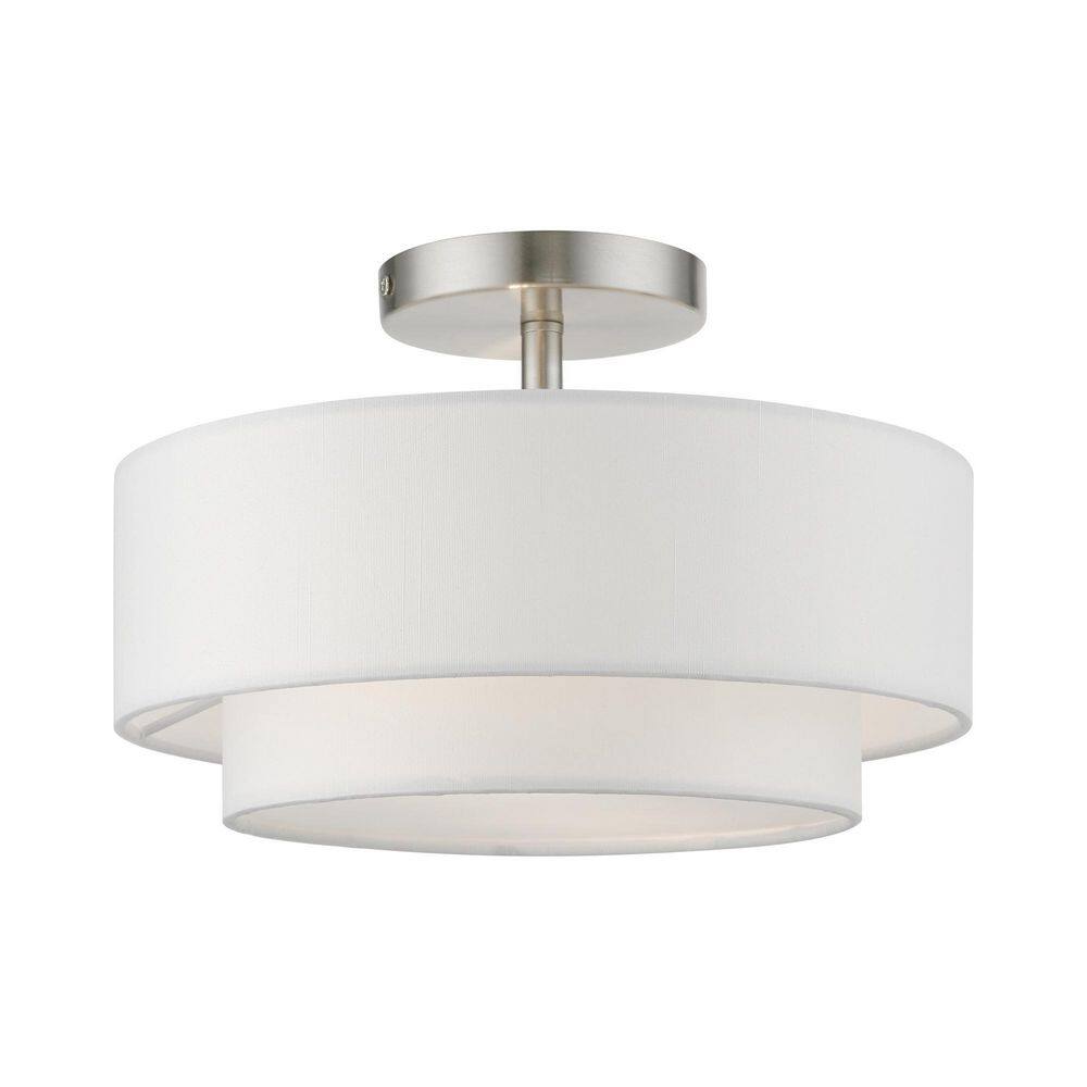 Sleek Brushed Nickel 2-Light Semi-Flush Mount with Off-White Drum Shade