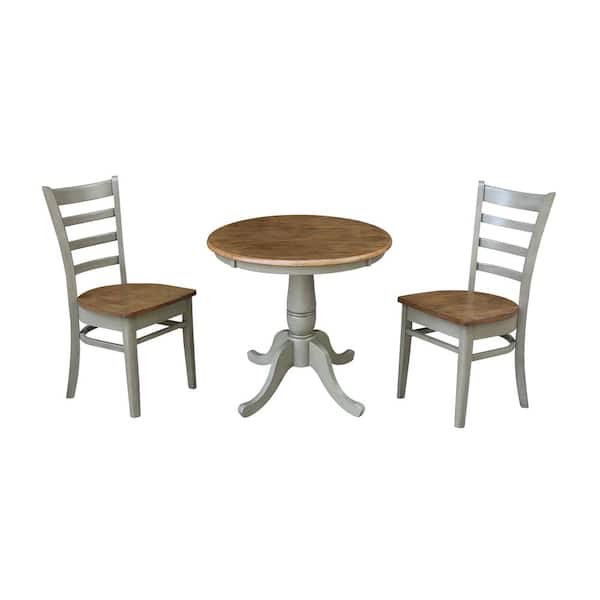 International Concepts Hampton 3-Piece 30 in. Hickory/Stone Round Solid Wood Dining Set with Emily Chairs
