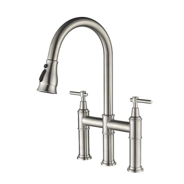 Double Handle Bridge Kitchen Faucet with Pull Down Sprayer Brass 3-Hole Commercial Kitchen Sink Faucet in Brushed Nickel