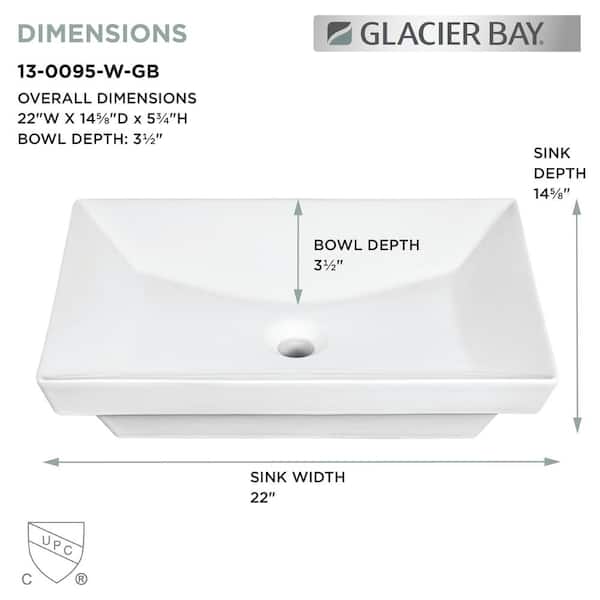 Glacier Bay 22 in. Semi-Recessed Rectangular Vessel Bathroom Sink in White