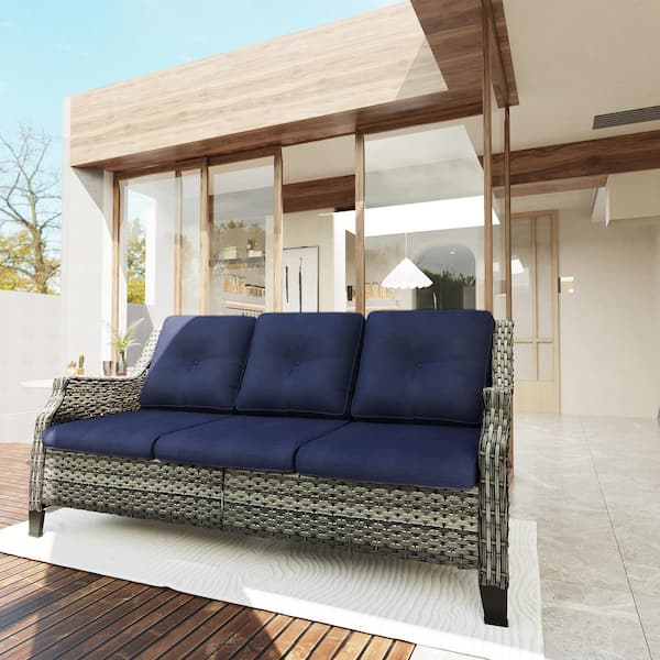 3-Seat Wicker Outdoor Patio Sofa Sectional Couch with Blue Cushions