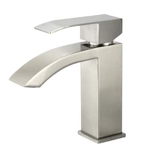 Single Handle Bathroom Faucet Waterfall Spout Commercial Modern Lavatory Deck Mount in Brushed Nickel