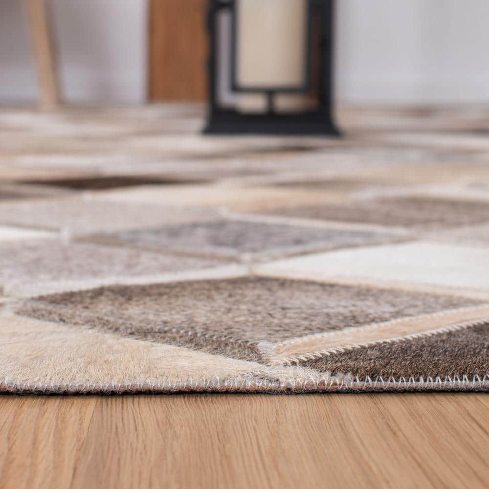 Ivory and Grey Geometric Hand-Knotted Cowhide Area Rug