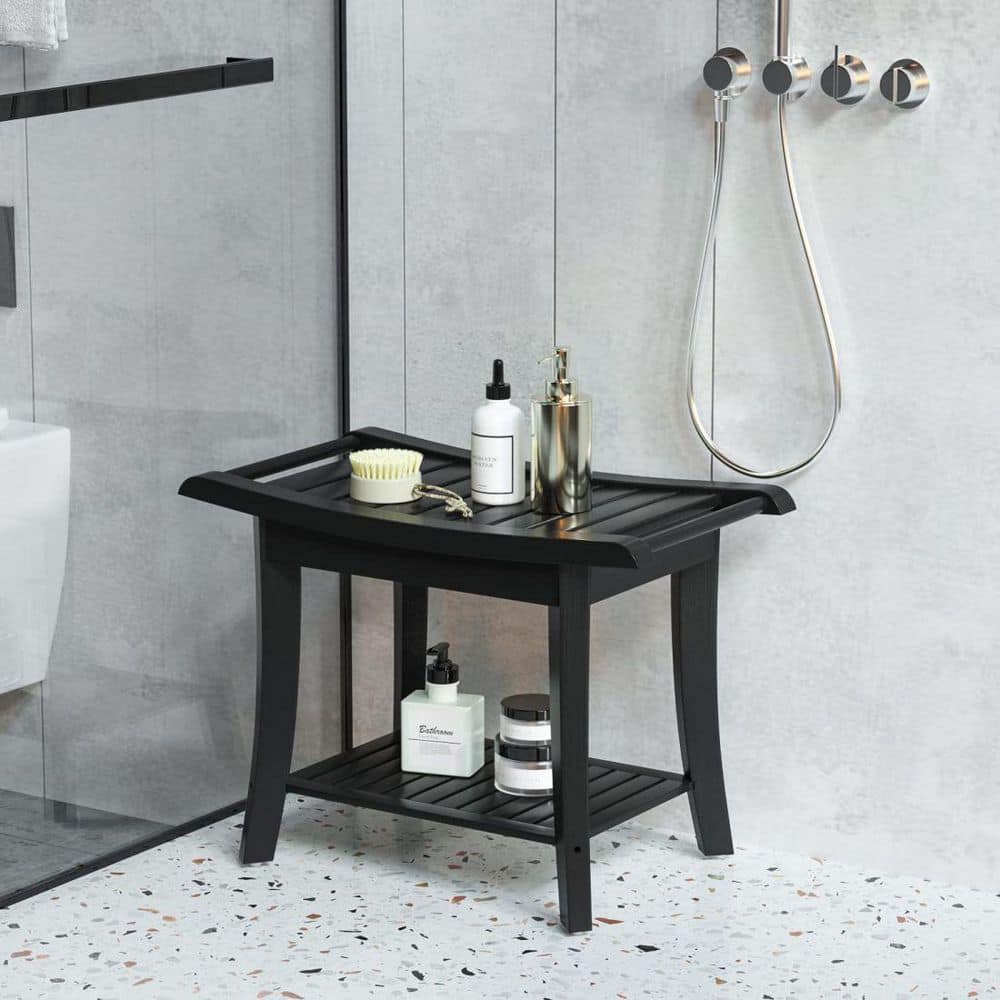 Black Bamboo 24" Shower Bench with Storage Shelf