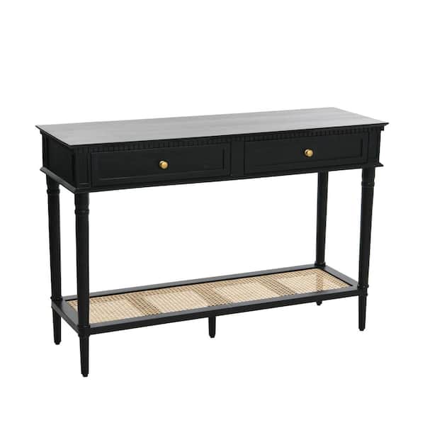 Maxwelton 48 in. Black Acacia Wood Console Table with Drawers and Woven Cane Shelf