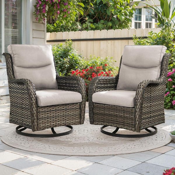 Smiley 2-Piece Outdoor Rocking Chairs Gray PE Wicker Patio Swivel Glider with Olefin 5 in. Thick Beige Cushions