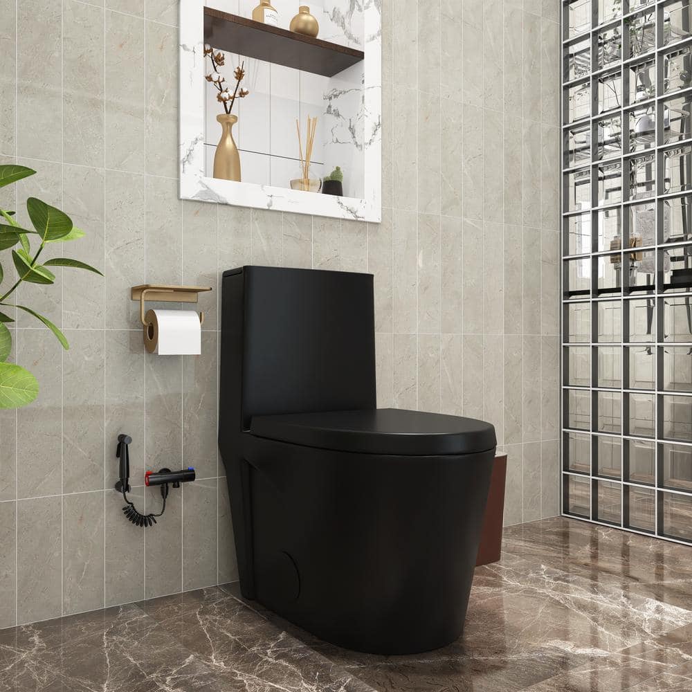1-Piece 1.1/1.6 GPF Dual Flush Elongated Toilet in Matte Black
