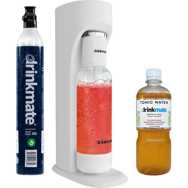 Classic White Sparkling Water and Soda Maker Machine Starter Kit with 1-60L CO2 Cylinder and Tonic Water Syrup