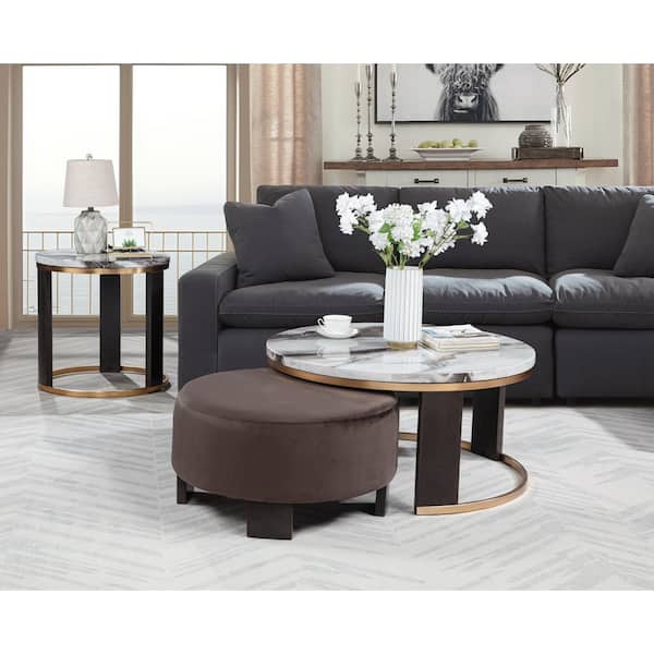 Best Master Furniture Neroa 37.5 in. L Icelandic Ivory Round Faux Marble Coffee Table with Ottoman (2-Piece)