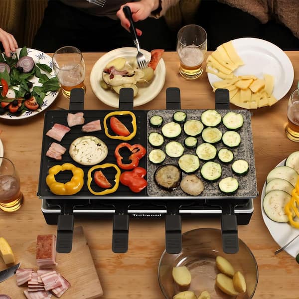 3-Piece Electric Indoor Raclette Grill Nonstick Reversible Griddle and Stone Grill Plate 1500W with 8 Pans Black
