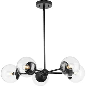 Atwell Collection 28 in. 5-Light Matte Black Mid-Century Modern Chandelier with Clear Glass Shade