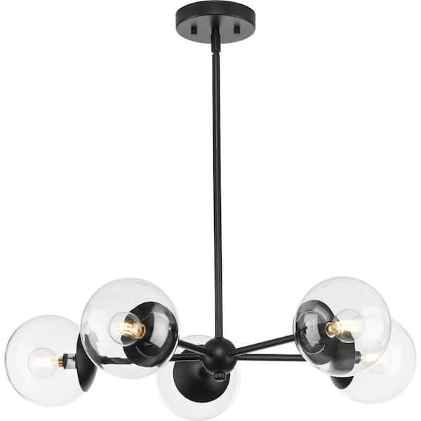 Atwell Collection 28 in. 5-Light Matte Black Mid-Century Modern Chandelier with Clear Glass Shade